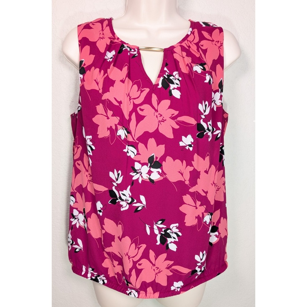 Liz Claiborne Women's Sleeveless Top Pink Floral Gold Bar Size Small